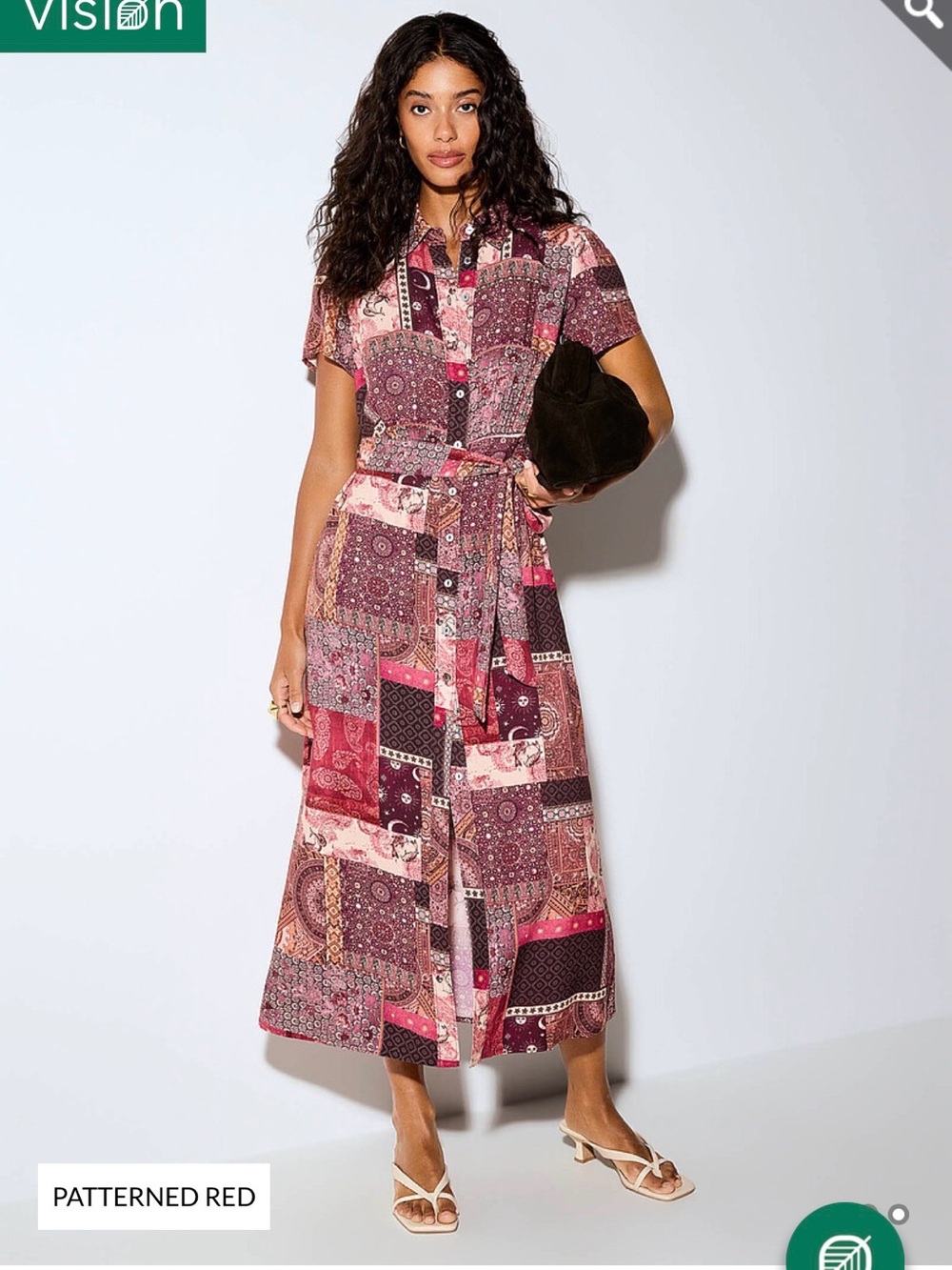 Patterned Red and Brown Maxi Shirt Dress with Self-Tie Belt